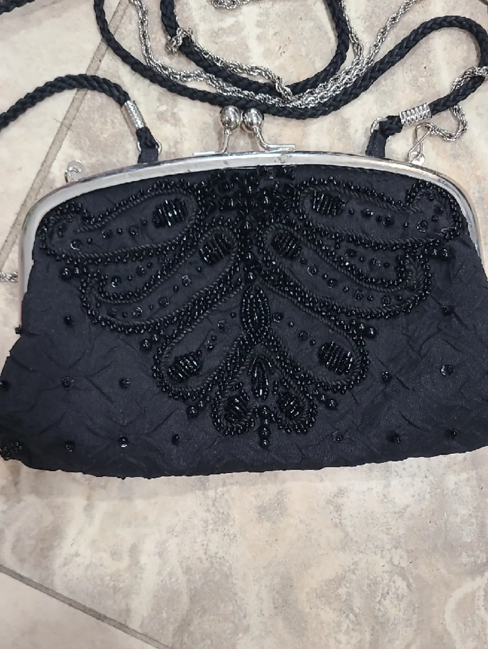 Black Beaded Evening Clutch with Chain Strap